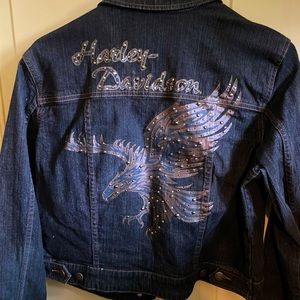 Ladies Harley Davidson Jean jacket. Really nice detailing on back of jacket